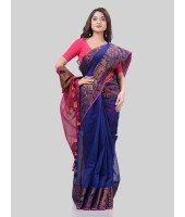 DESH BIDESH Women`s Tant Cotton Silk Handloom Cotton Saree Pushpomala With Blouse Piece(Blue Pink)